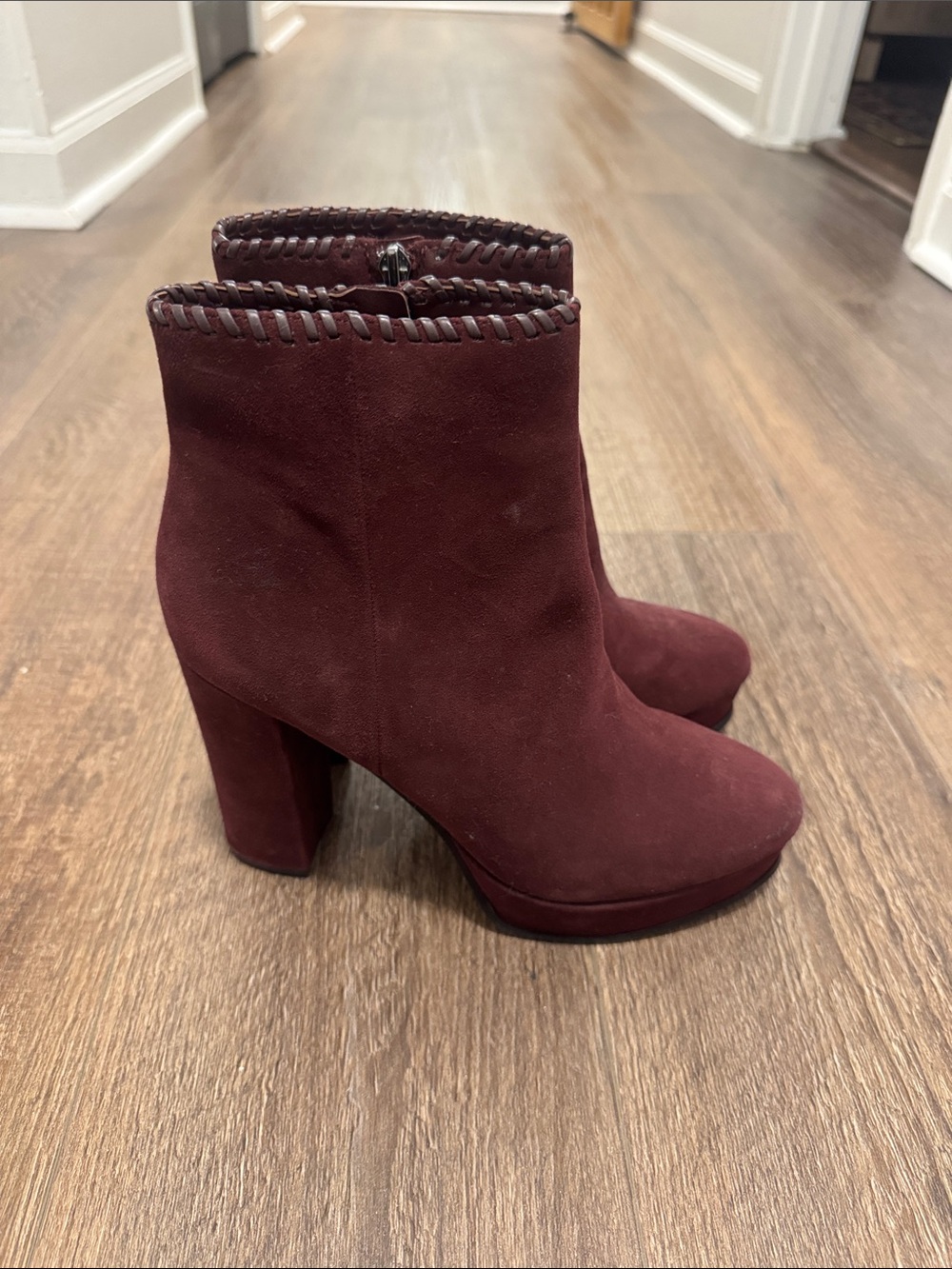 Marc Fisher Burgundy Suede Ankle Booties with Braided Trim